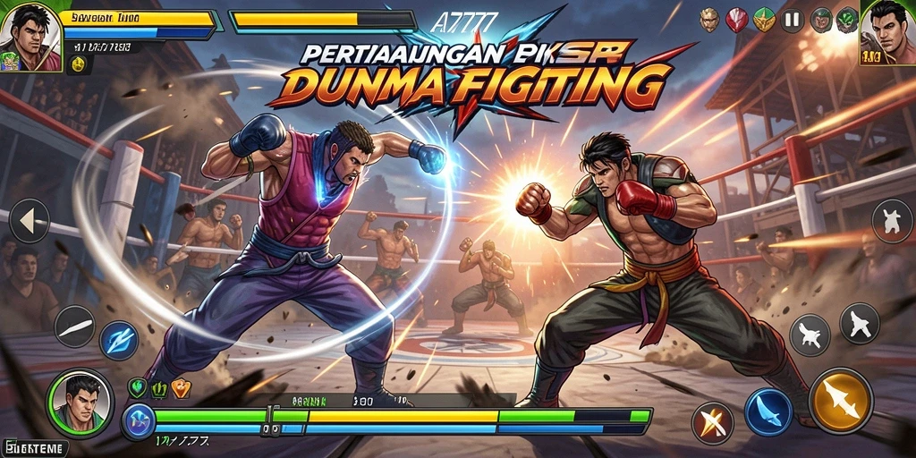 Screenshot A7777 menunjukkan aksi pertarungan yang intens dan dramatis.