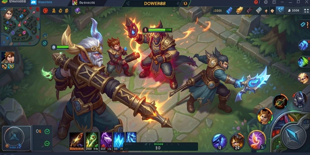 Tangkapan layar DOWER88 menampilkan pertempuran seru antar karakter di arena MOBA.