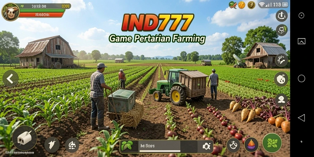 Tangkapan layar gameplay menunjukkan lahan pertanian yang indah dan aktivitas menanam.