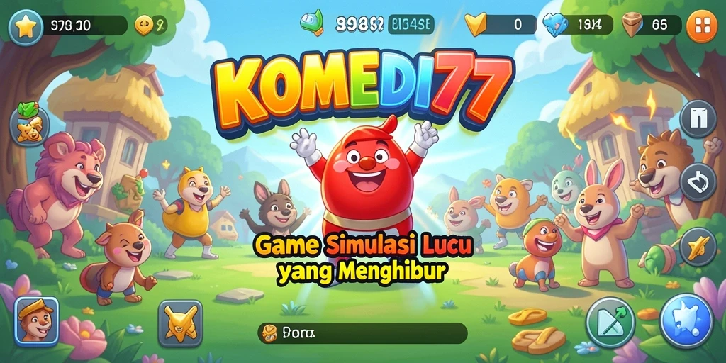 Screenshot utama menampilkan gameplay lucu dan strategi cerdas dari KOMEDI77.